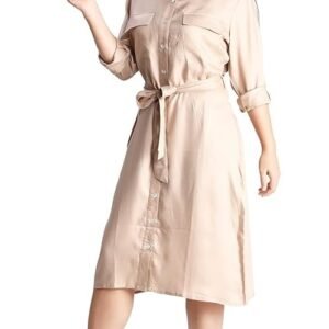 Beige Cotton A-Line Shirt Dress - Knee Length, Casual Wear