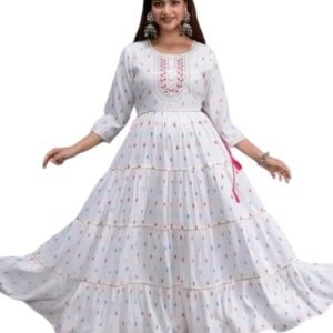White Anarkali Gown – Rayon, Printed, Embroidered, Gota Work, Floor Length, Festive Wear