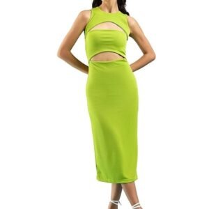 Green Ribbed Bodycon Midi Dress - Stretchable Spandex, Party Wear
