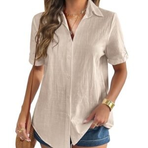Cotton Linen V-Neck Button Down Shirt Top Casual Short Sleeve