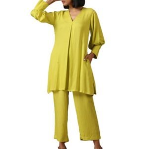 Co-Ord Set – V-Neck, Textured Cotton, Lime Green, Solid, Casual & Cocktail Wear