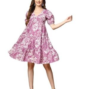 Purple Floral Fit and Flare Dress - Knee Length, Casual Wear