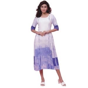 White & Blue Printed Fit and Flare Dress - Midi Length, Casual Wear