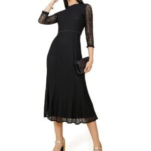 Black Lace A-Line Sheath Dress - Midi Length, Dinner Wear