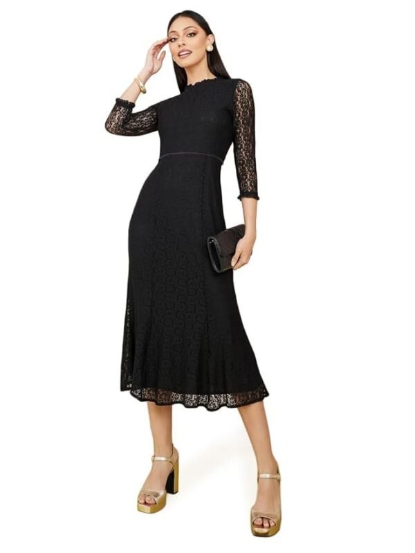 Black Lace A-Line Sheath Dress - Midi Length, Dinner Wear
