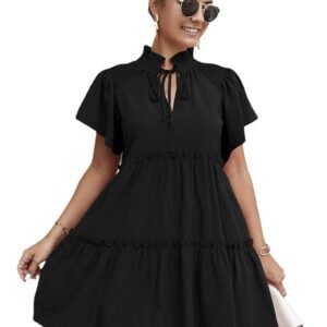 Black A-Line Mini Sundress with Ruffles and Stand Collar - Casual Wear