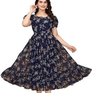 Women's Georgette Dresses Floral Printed One Piece Stylish Long Maxi Western Frock Midi Dress for Women (Puffed Sleeves)