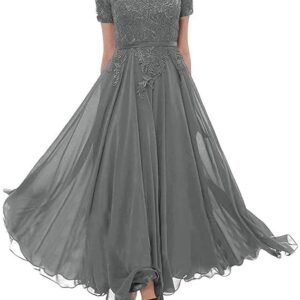 Tea Length Mother of The Bride Dresses Lace Evening Formal Dress Short Sleeve Wedding Guest Groom Dress Applique Women's, Steel Grey, 24 Plus