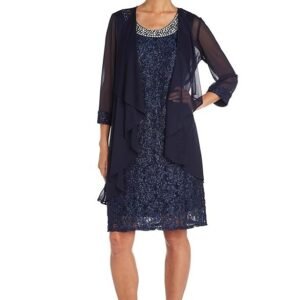 R&M Richards Women's Two Piece Fly Away Jacket Over Beaded Neck Laced Dress