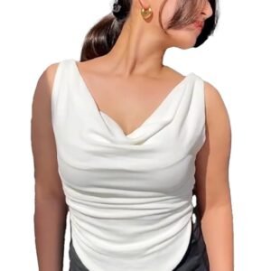 Istyle Can Women's Solid/Plain Asymmetric Hem Stretchable Draped Crop Top. Sleeveless, Single Shoulder, Off Shoulder, Cowl Neck, Crop Length