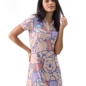 The Souled Store Official Winnie The Pooh: Faces Women and Girls Short Sleeves Collared Neck All Over Printed Polyester Blend Mini Dresses