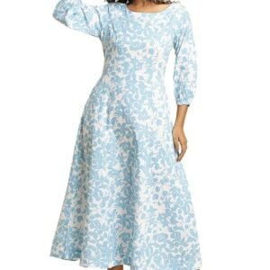 W for Woman Women's Fit and Flare Cotton Blend and Blue Floral Printed Flared Long Dress Calf Length