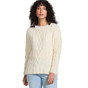Aran Woollen Mills Tully Women's Box Aran Wool Sweater, 100% Super Soft Merino Wool, Cable Knit Design, Made in Ireland
