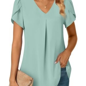 Anyally Women's Summer Dressy Chiffon Blouses V Neck Short Sleeve Tunic Tops for Leggings Casual T-Shirts, Petal Sleeve/Green Bamboo, X-Large