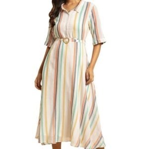 W for Woman Women's Flared Below The Knee Dress with Belt Stripe Print