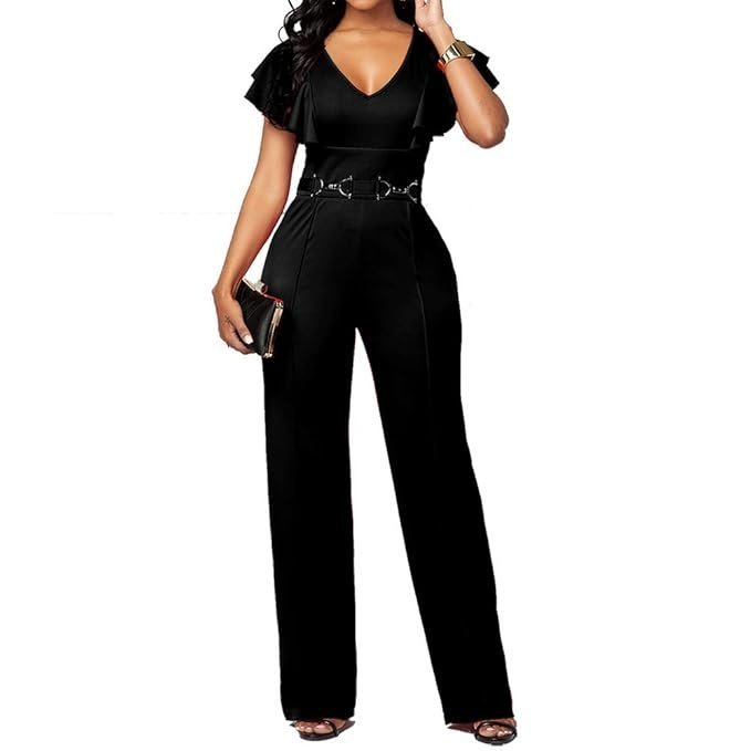 PDBQ Women's V-Neck Jumpsuit High Waist Short Sleeve Ruffled Loose Long Wide Leg Pants