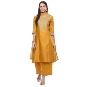 BIBA Women Poly Chanderi Straight Embroidery Kurta Palazzo Suit Set