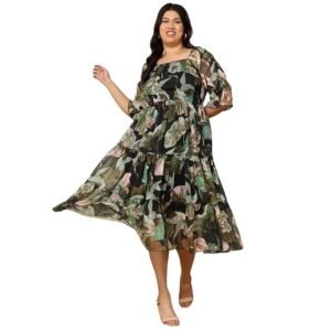 DEEBACO Duck Printed Chiffon Fit & Flare Midi Plus Size Dress for Women's |Square Neck 3/4 Puff Sleeves|Summer Western Party Casual Wear Dress for Ladies (Multicolor)