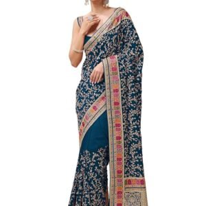 TRENDMALLS Women's Vichitra Silk Embroidery, Siroski Stone Work Saree with Unstitch Blouse Piece
