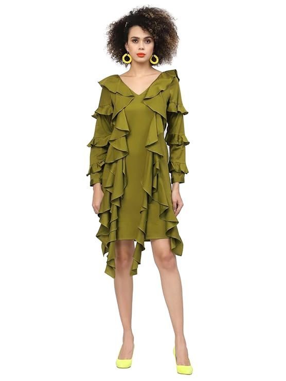 LELA Olive Cotton Dress with Frill Sleeves & tie Belt