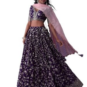 Zeel Clothing Women's Sequins Zari Dori Embroidered Georgette Semi-Stitched Lehenga Choli With Dupatta