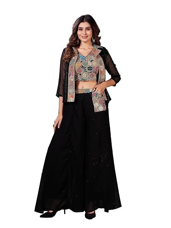 ROYALICA Women's readymade Black Indowestern lehenga choli with shrug.