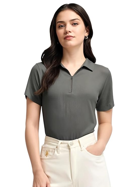 Mack Jonney Ribbed |Regular Fit | Half Sleeves 100% Cotton Polo Neck Self Design with Zip T-Shirt for Women-M919