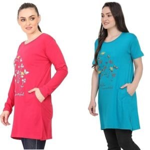 CRAFTLY Women's/Ladies/Girls Long Polo T-Shirts | Slim Fit Solid T-Shirts | Tops Stylish Round Neck Regular Fit Cotton Half Sleeve Shirt Combo (Pack of 2)