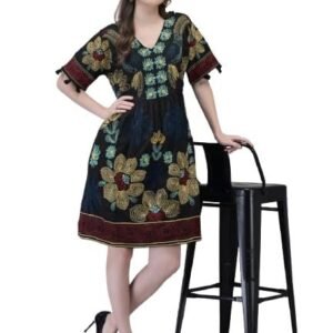 Aralia Women's Cotton Floral Embroidered Midi Dress, Black, V-Neck with Pockets