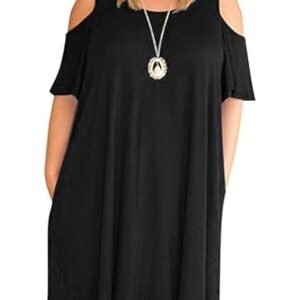 HBEYYTO Women Plus Size Dresses Cold Shoulder Short Sleeve Casual Loose T-Shirt Swing Dress with Pockets