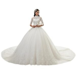 GOWNLINK White Full Stitched with Layers Christian Wedding Catholic Wedding White Train Gown Wedding Dress in White Frock Women with Extra Sleeves (GLTD39T) India