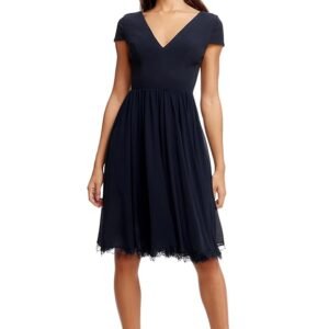 Dress the Population Women's Corey Plunging Mix Media Cap Sleeve A-line Midi Dress