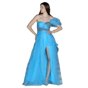 Sea Serene Dress for Women Fit and Flare | Formal Style | Organza - Material | Comfortable & Lightweight Outfit for Office, Dinner, Events Color - Blue, Size - S