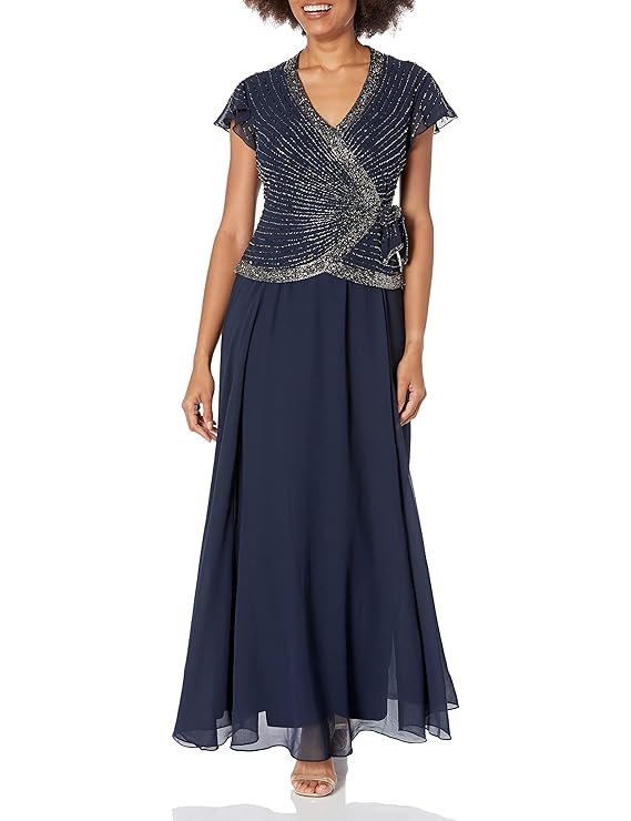 J Kara Women's Faux Wrap Long Dress with Flutter Sleeve