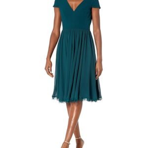 Dress the Population Women's Corey Plunging Mix Media Cap Sleeve A-line Midi Dress, Pine, XX-Large