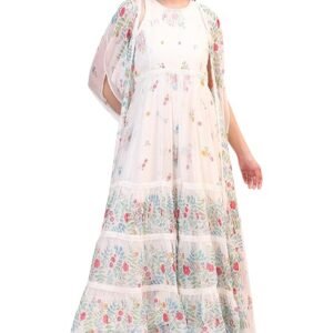 Wishful Women's Red Dori Embroidery Chiffon Flared Dresses with Dupatta Set