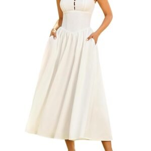 KUTUMAI Women Summer Corset Midi Dress Floral Lace Smocked Flowy A Line Wedding Guest Bridal Shower Dresses with Pockets