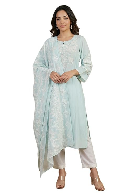 W for Woman Thread Embroidered Pure Cotton Straight Kurta with Straight Pants and Dupatta Set