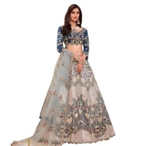 Designer Lehenga Choli with Net Dupatta, Blue and Grey Embroidered, Traditional dress for women and girls